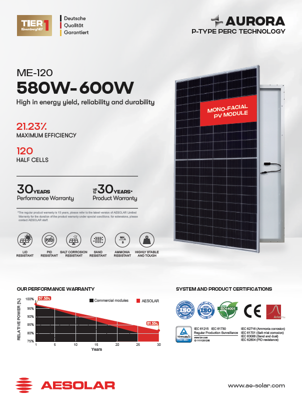 پنل خورشیدی AE SOLAR (مونوفیشیال) 580-600 وات  PV MODULE