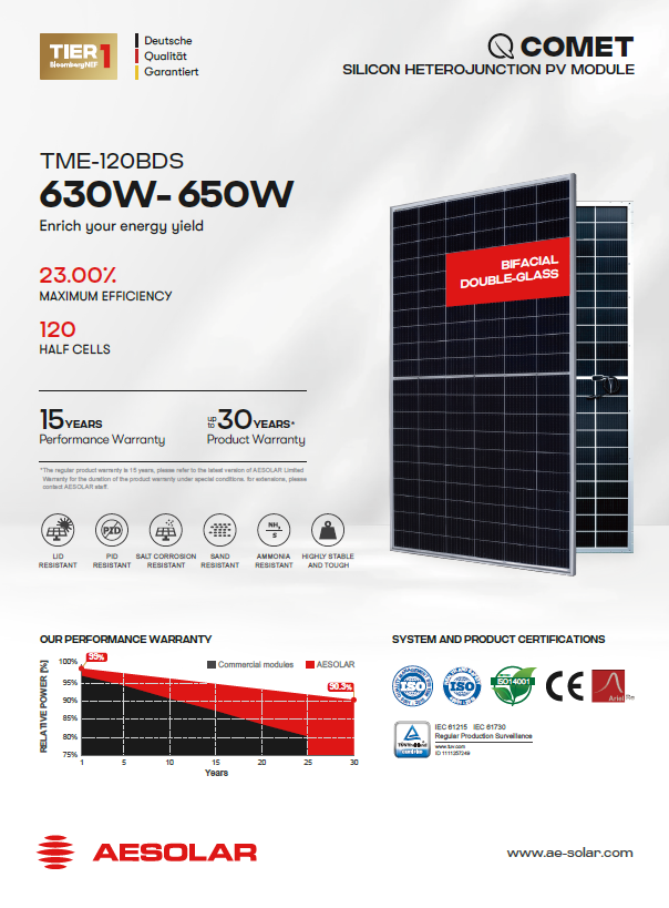 پنل خورشیدی AE SOLAR (بایفیشیال) 650-630 وات DOUBLE GLASS